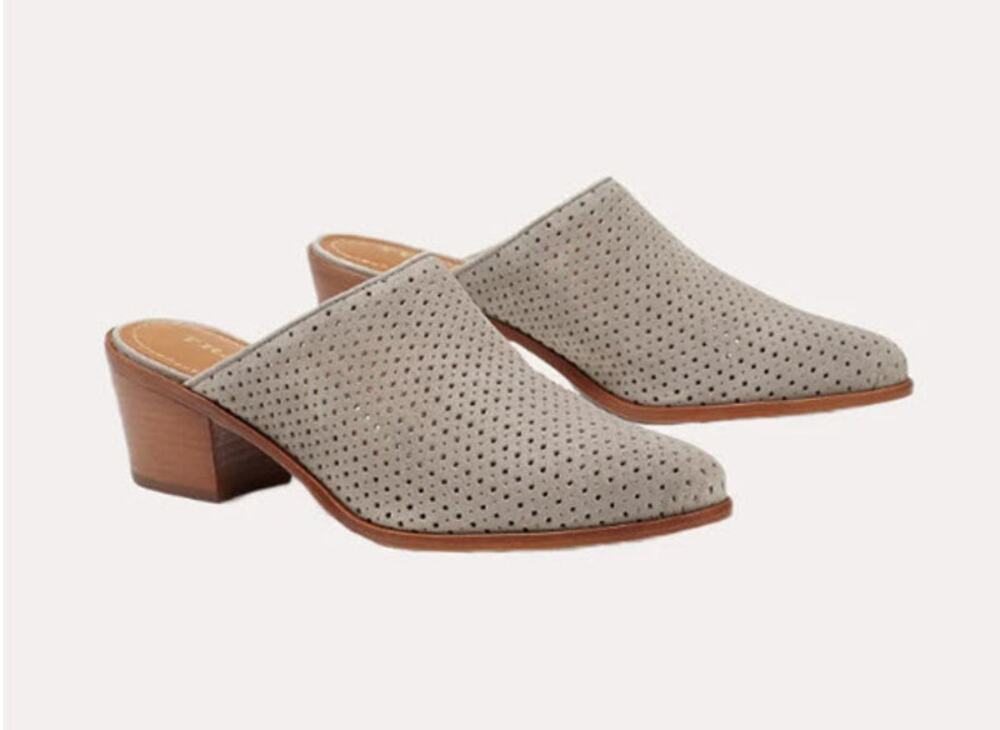 Trask Gray Perforated Suede Mules Pointed Toe Block Heel Shoes Women’s 11 M